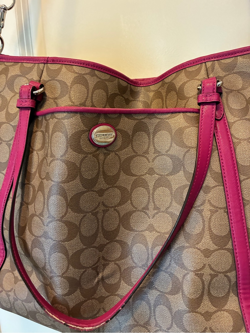 Coach Brown Signature Canvas XL Tote with Raspberry Pink Trim
